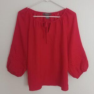 OLIVIA & MARTIN WOMEN'S TOP RED 3/4 EYELET SLEEVE TIE NECK BOHO PEASANT SIZE S